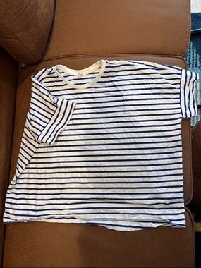 Uniqlo White and Blue Striped Cotton T-Shirt